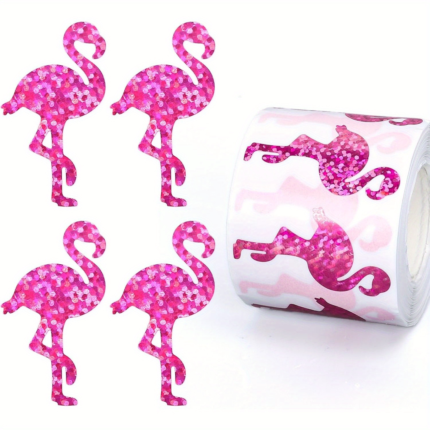 Image of 500pcs Summer Flamingo Stickers Pink Flamingo Holographic Stickers Roll Adhesive Paper Decals For Water Bottles Summer Party Decor, Suitable For Roller Skating And Cycling Stickers And Decals