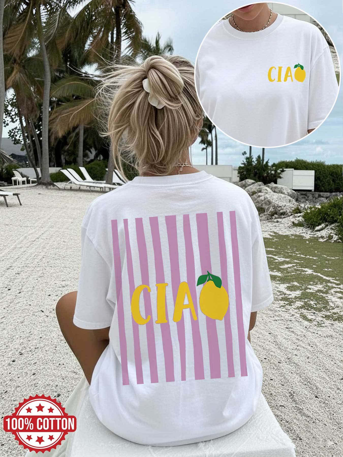 womens spring and summer stylish beach vacation t shirt with double sided print featuring   lemon   round neck short sleeves made of loose fitting pure fabric