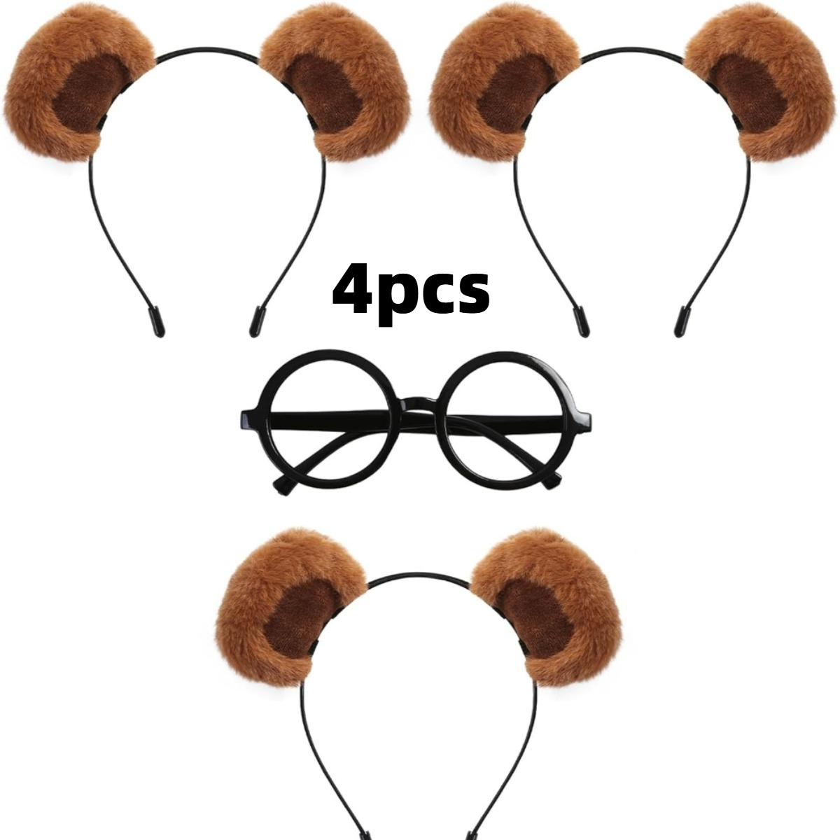 TEMU Lot de 4 bandeaux avec oreilles de et lunettes rondes - Accessoires de déguisement mignons avec serre-tête oreilles de et monture de lunettes (