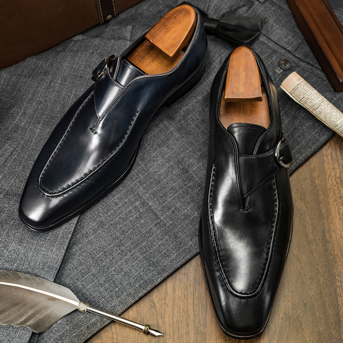 Image of 's Formal Dress Shoes, Business Attire, Vintage Monk Shoes, British Style