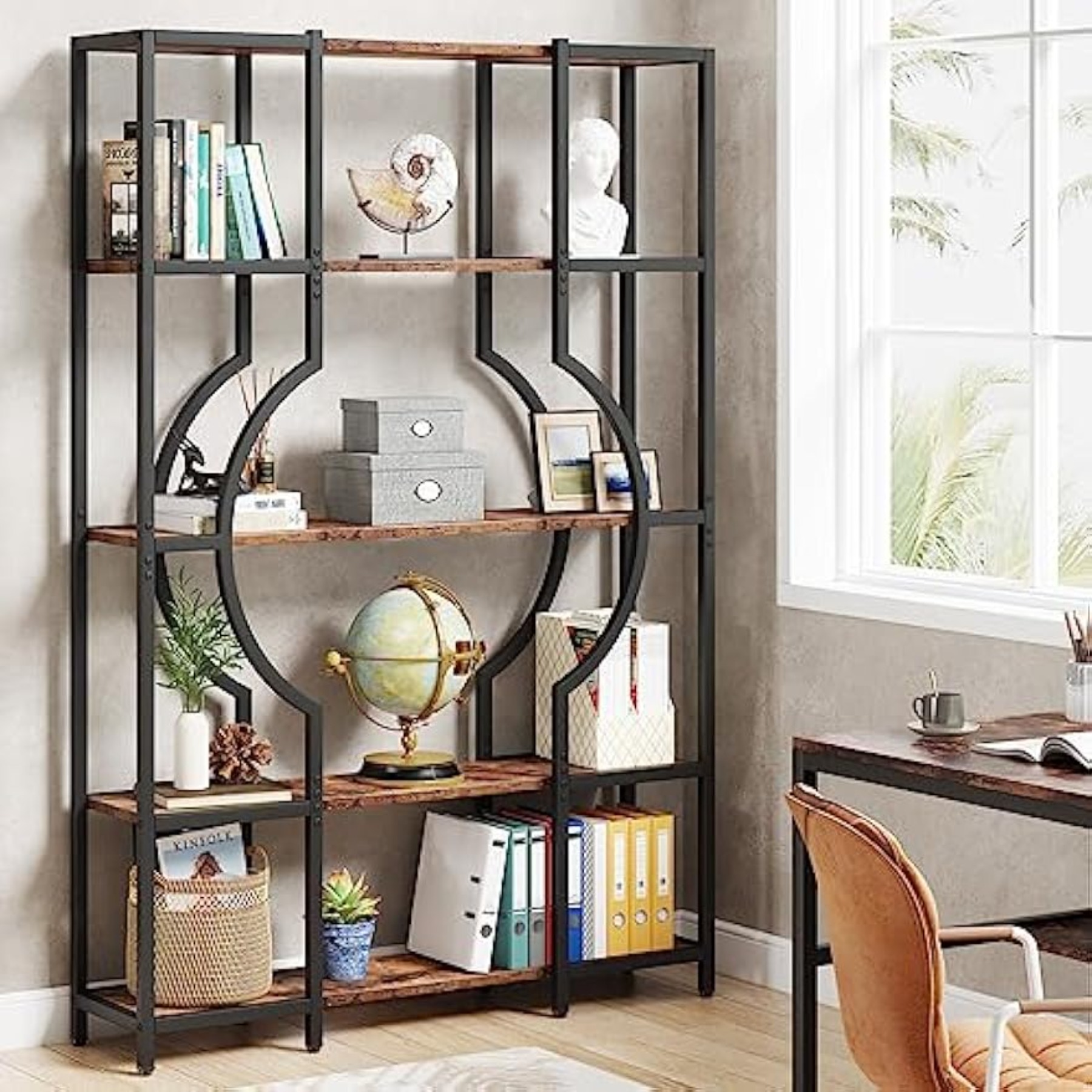 5-tier Bookcase, Industrial Bookshelf With 12 Open Shelves, Wooden Display Storage Rack With Metal Frame For Home Office, Living Room, Bedroom