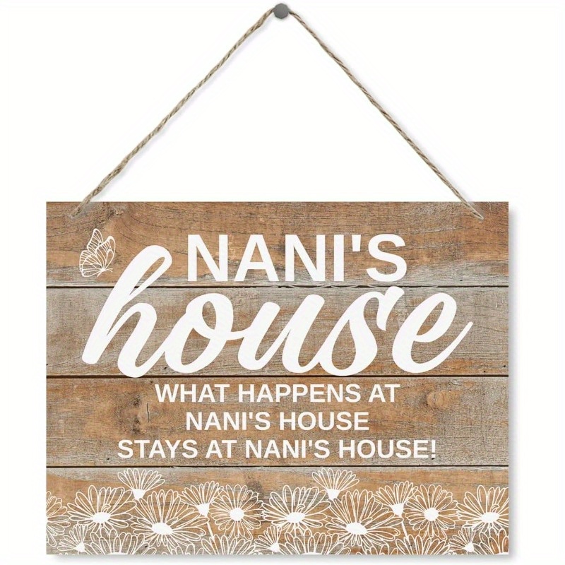 TEMU 2D Plat, Rustiek Boerderijhuis "Waar Wat Gebeurt bij Nani's Huis Blijft Waar Het Is" Wooden Sign - 7x5,3 Inch Kunstmatig hout Wanddecoratie met