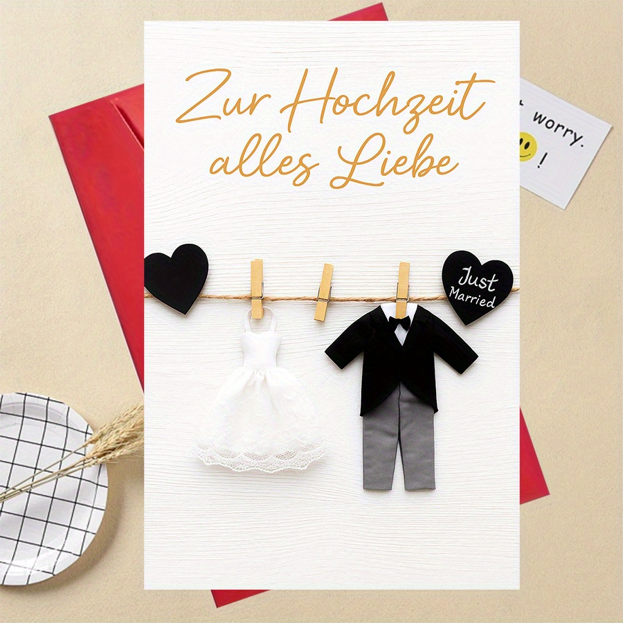 E-shop Elegante Hochzeitsgratulationskarte mit Braut- und Bräutigam-Outfits - Romantisches Liebesdesign, für Freunde, Familie oder Kollegen zu einer
