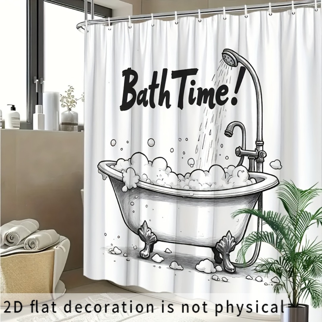 TEMU 2d Flat, 2d Curtain, 1pc, Minimalist Style Pattern Shower Curtain, Classic Bathtub, Faucet, And Bubble Shower Curtain, Transparent Color,