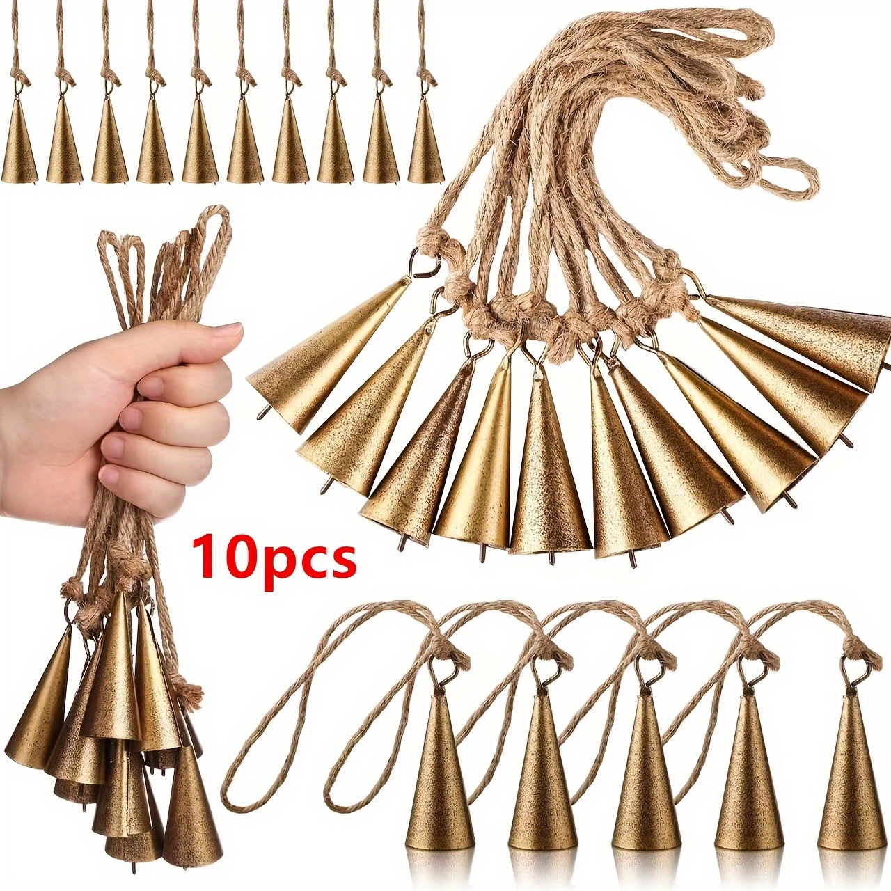 Image of 10pcs Vintage Brass Bells With Hanging Ropes- Golden Metal Cow Bells For Holiday Decor, Easter, Thanksgiving, New Year, And Valentine's Day