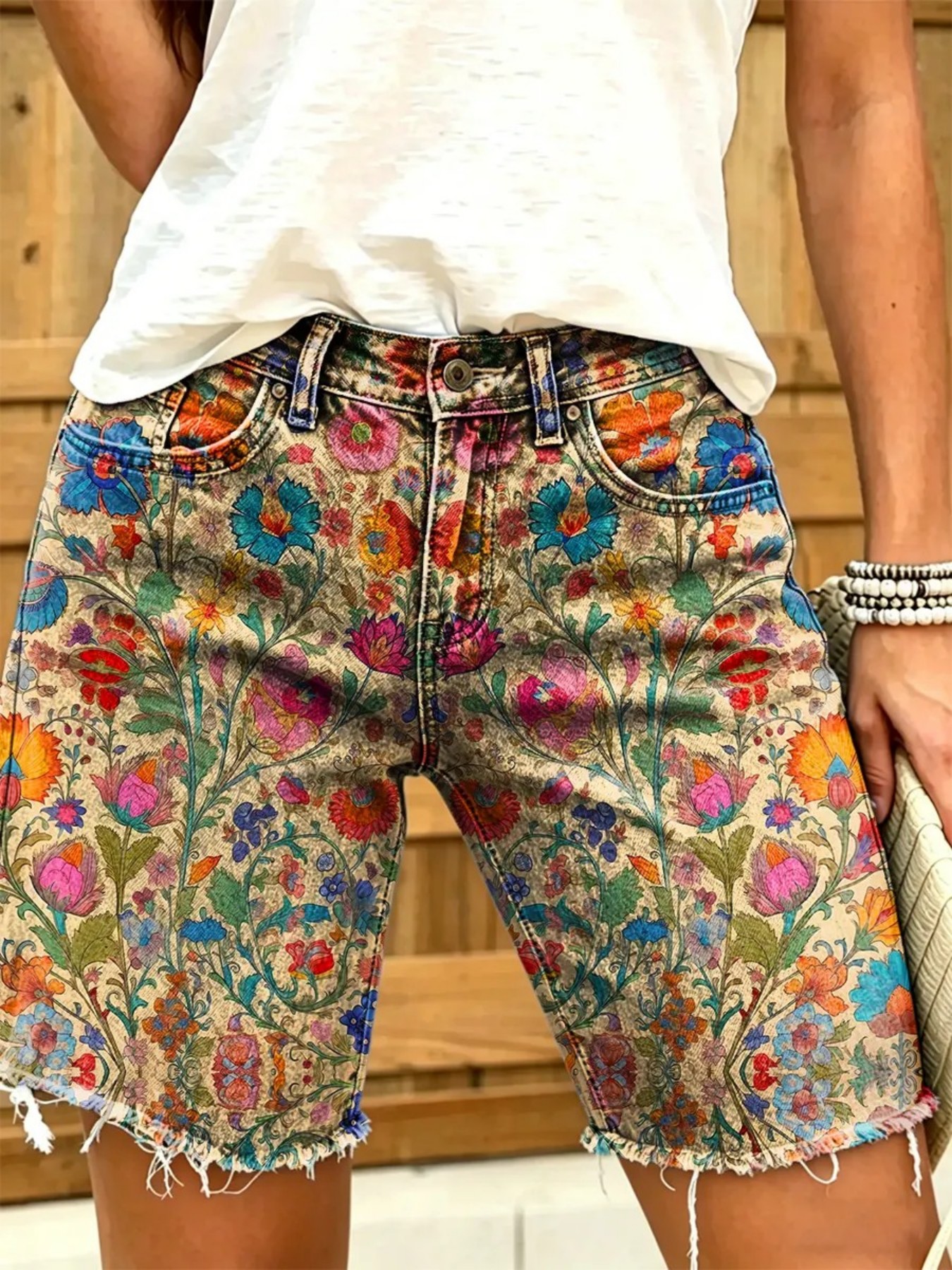 womens printed denim shorts bohemian style frayed hem shorts casual everyday summer fashion new  