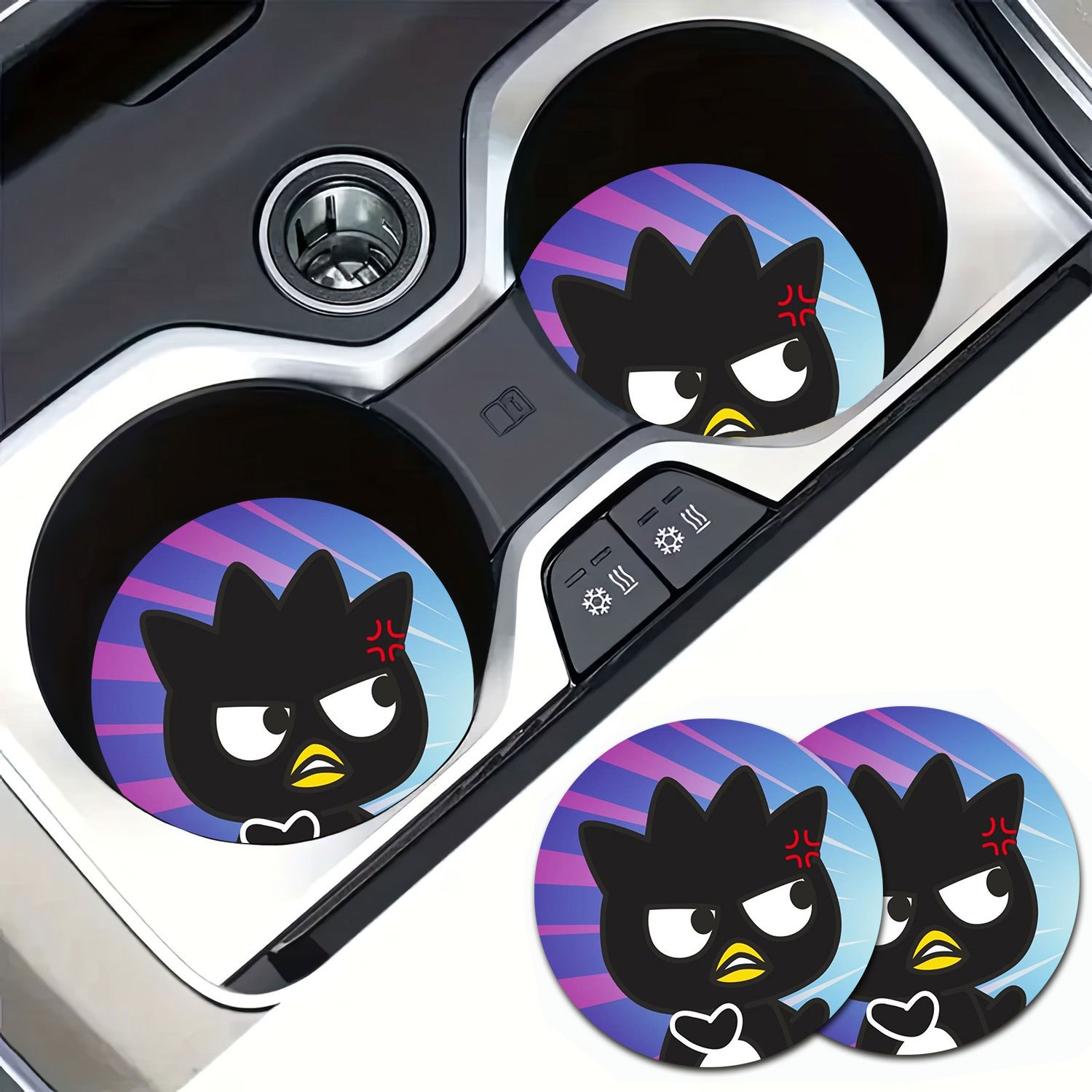 

2pcs Sanrio Badtz- Car Coasters - Stylish 2.8" Cup Holder Inserts, Non-slip & Heat-resistant, Perfect Gift For Valentine's Day & Easter