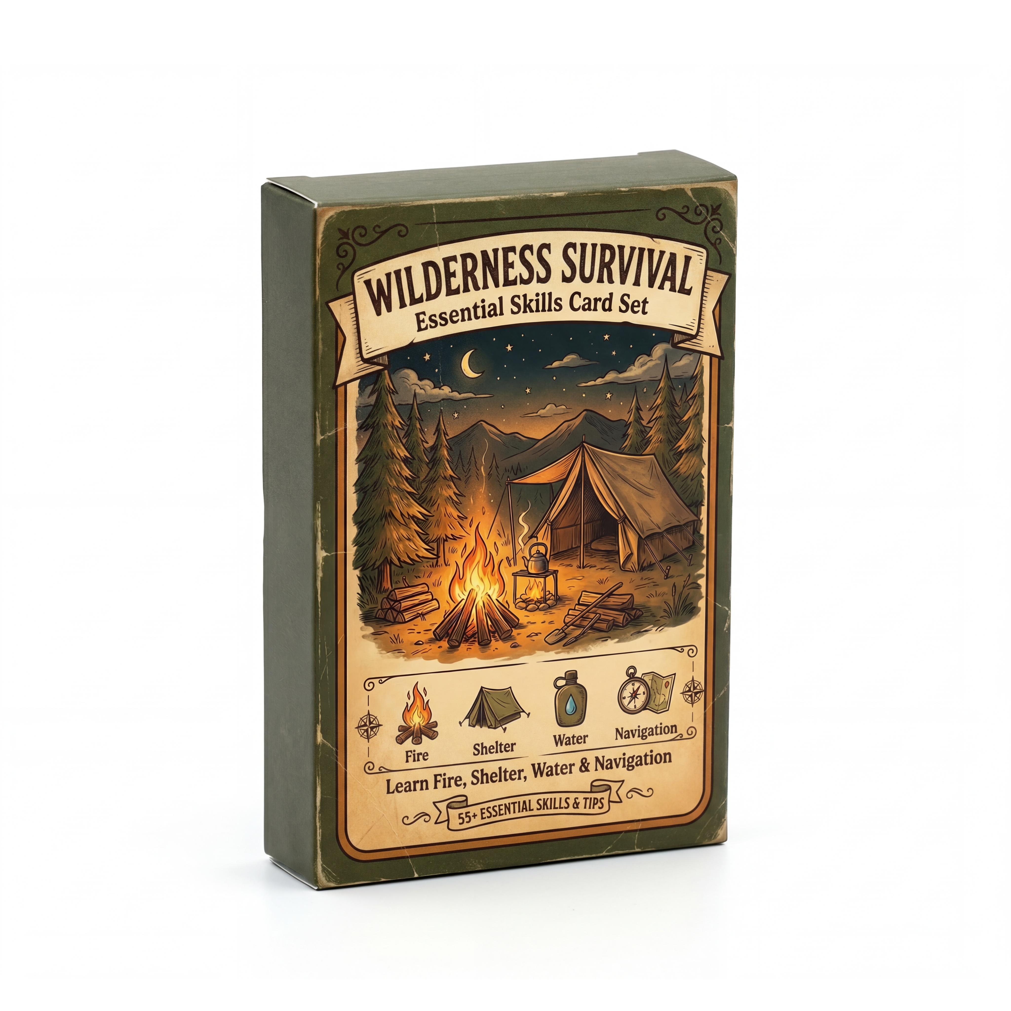 55pcs Wilderness Card Set, Essential Outdoor Skill For Camping And Hiking, Includes Fire, Shelter, Water And Navigation, Practical Gift For Men, Dad And