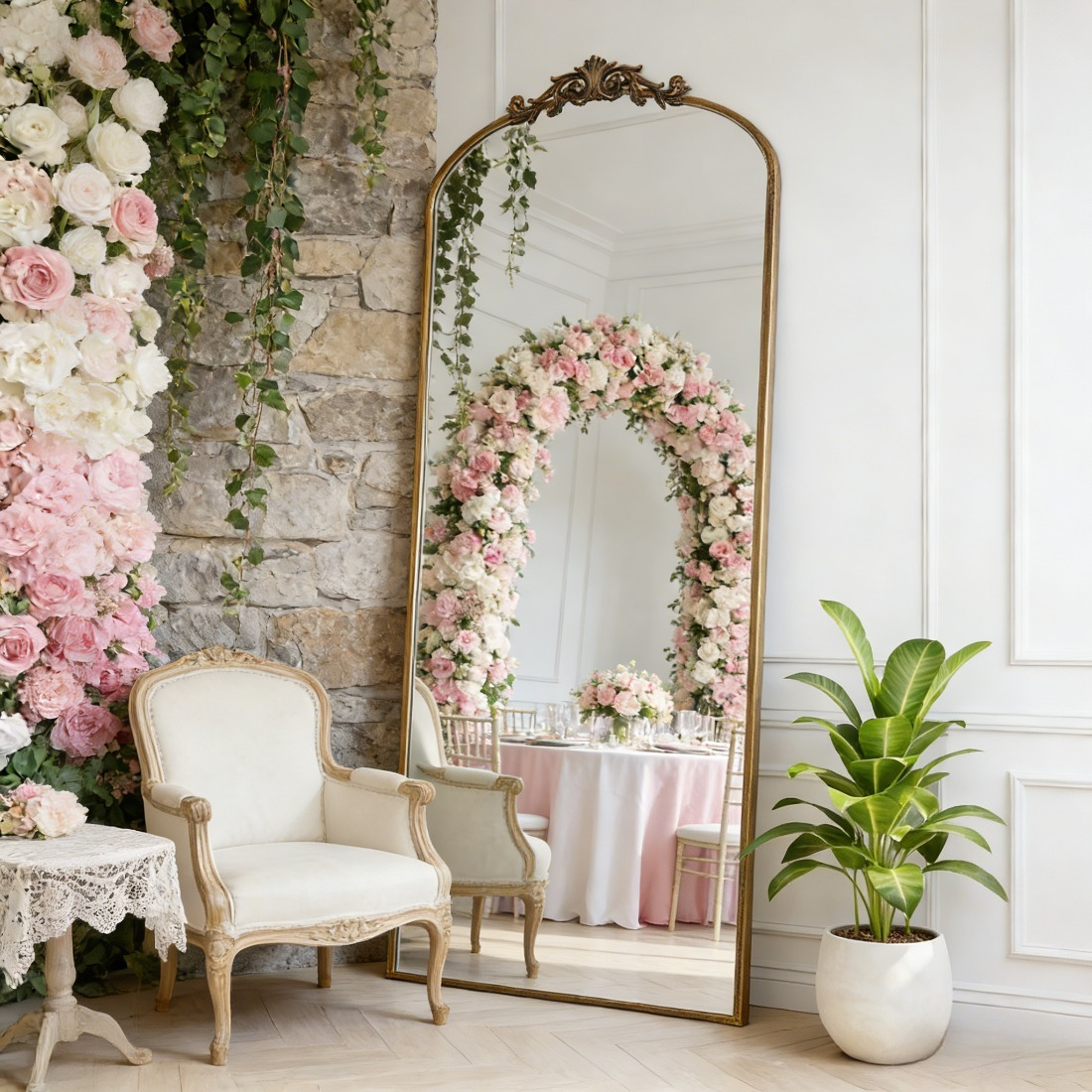 Image of Engraved Arch Standing Mirror, Metal Frame Full Body Makeup Mirror With Stand, Welcome Decor & Dressing Mirror For Outdoor Garden Party & Engagement Event