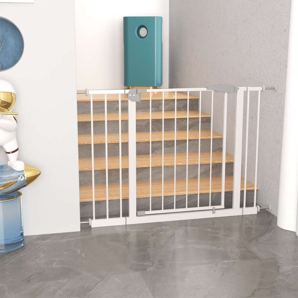 29.5-44.1 Inch Wide White Pressure-Mounted Walk-Through Safety Gate for Stairs and Doorways with Double Lock Security Barrier