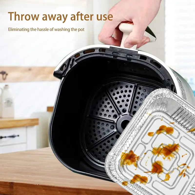 50pcs heavy-duty disposable aluminum foil air fryer liners - 7x7 inch square pans with rounded corners, 600°c heat-resistant, greaseproof & high quality for instant pot, oven, grill, steamer basket - stackable, induction-safe (compatible with air fryers, ovens, induction cooktops) - food-safe, easy clean, ideal for parties, camping, bbqs - 50pcs bulk pack, air fryer liners non stick, aluminum foil pans with lids, air fryer , air fryer liners large size Product details 4