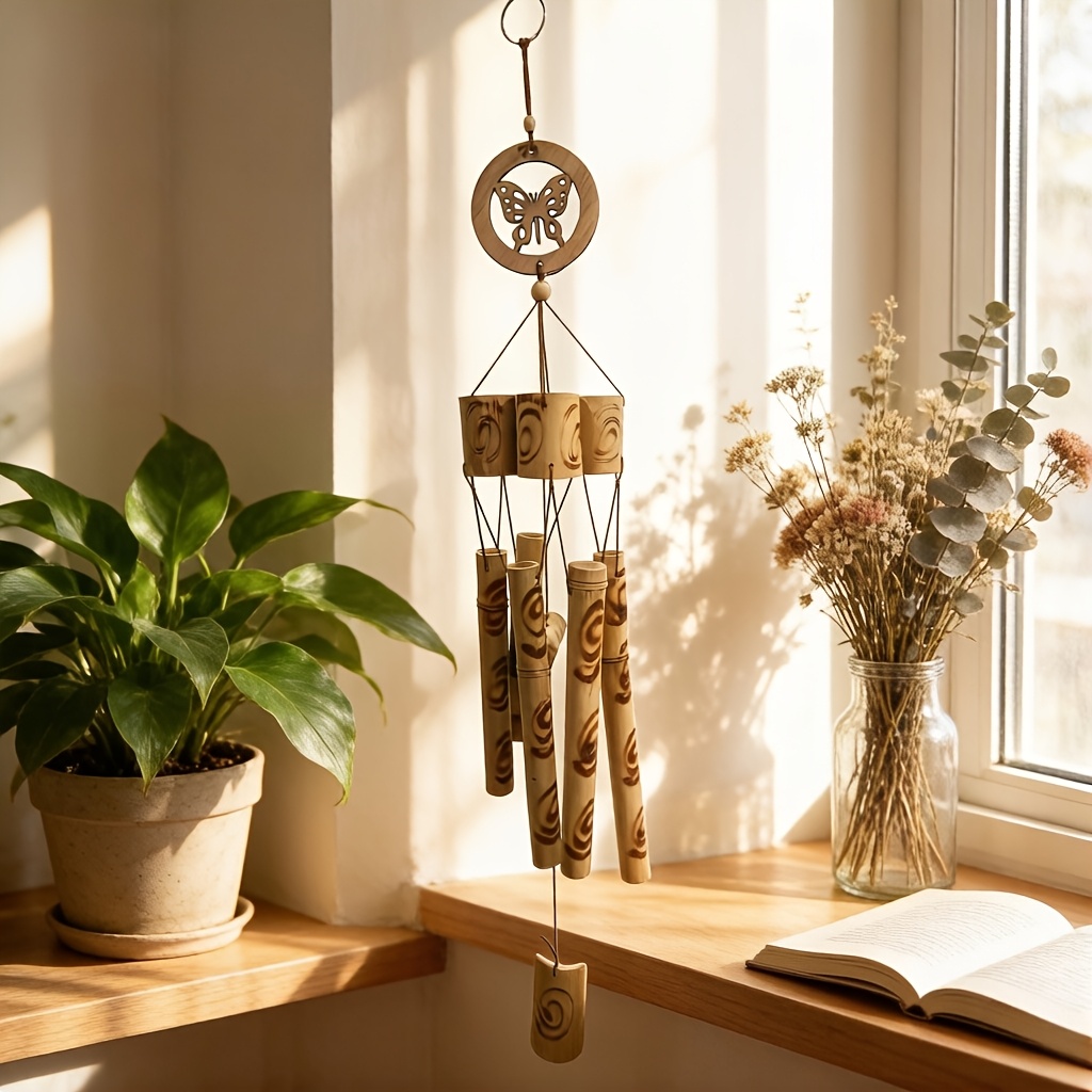 Image of Bamboo Wind Chime With Soothing Musical Sound - Outdoor/ Wind- Hanging Chimes Suitable For Balcony, Zen, Decor, Bamboo Pipes For Wind , No Required, Wind- Musical Instrument
