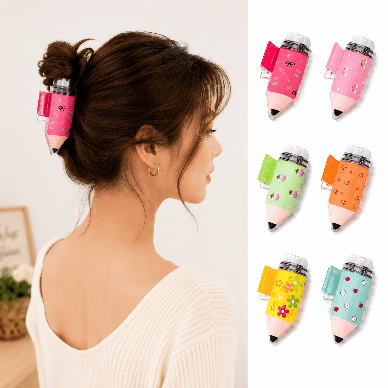 TEMU 6-pack Cute Cartoon Pencil--on Hair Clips With Colorful Flower And Fruit Prints, Fashionable And Adorable Accessories For Women, Perfect