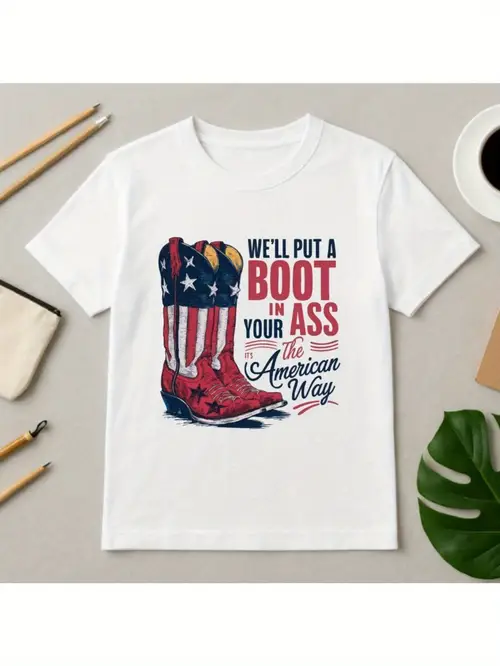 kei usa a boot in your ass stars graphic unisex heavy boots design fit medium stretch tee for concerts conservative events kei fan gear concert outfit statement durable material slogan casual wearers