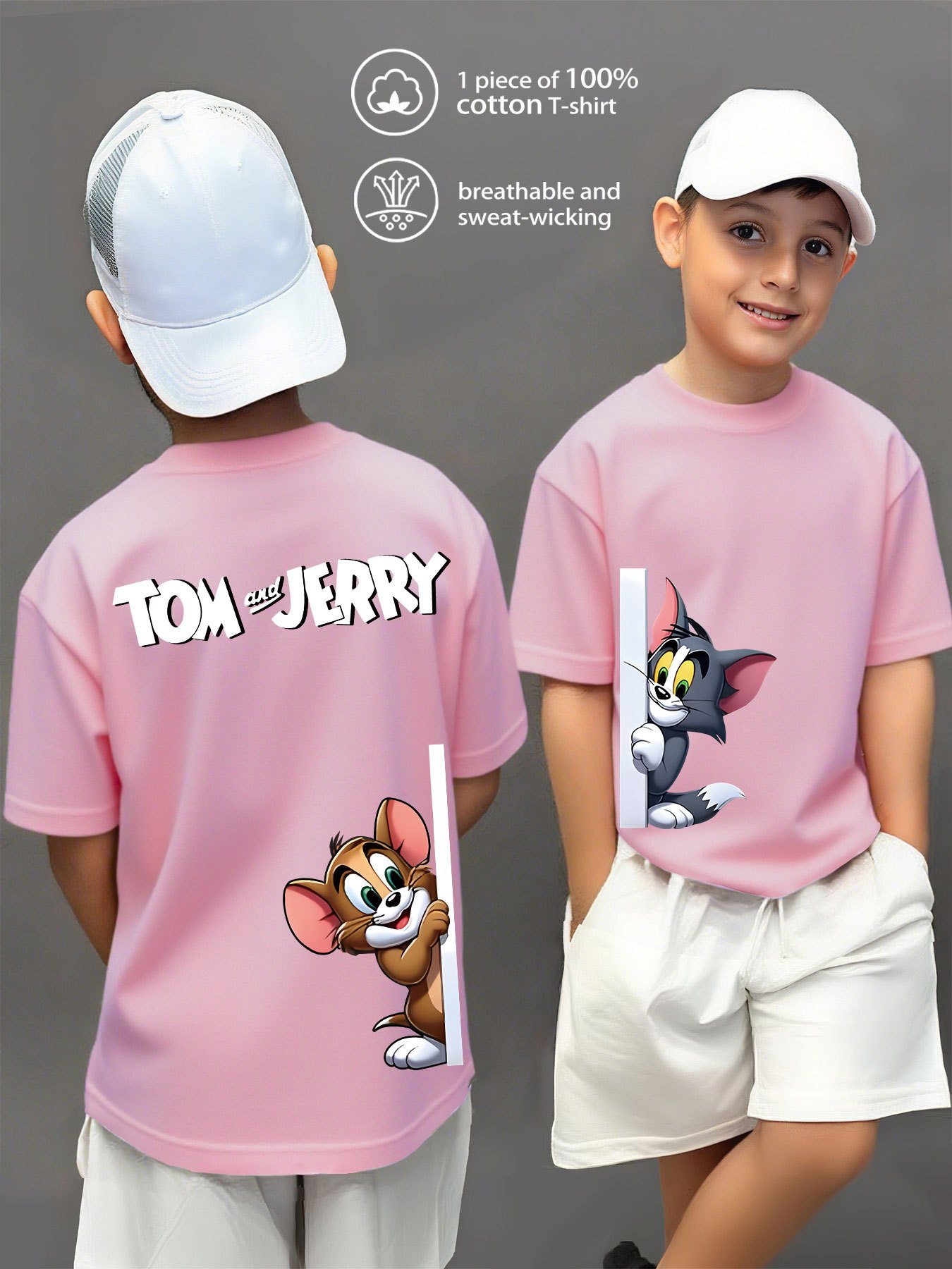 100% Pure Knitted Short-Sleeve T-Shirt, Breathable And Sweat-Absorbing, a Casual And Versatile Round-Neck Short-Sleeve Top for Boys, Featuring a Cute TOM And JERRY Cartoon Print, Machine Washable - Available in 10 Options, Sweat-Resistant