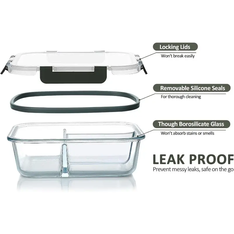 2025 glass meal prep containers 3 compartment with lids microwave oven dishwasher safe rectangular food storage containers for lunch portion control back to school bento box lunch box Product details 0