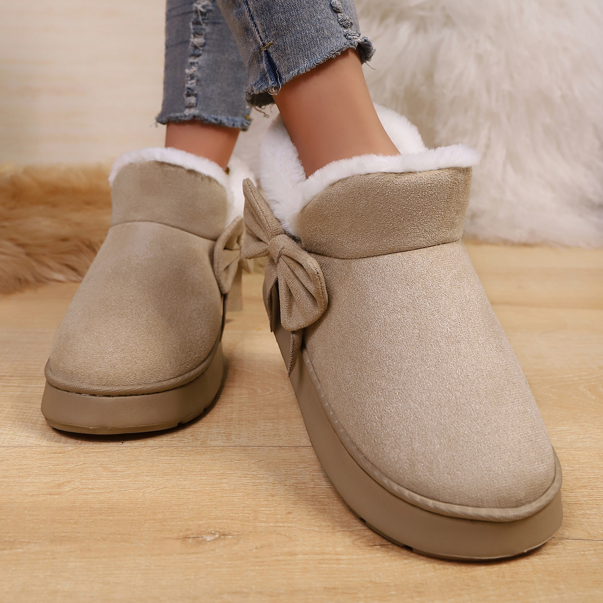 TEMU Women's Bow Decor Short Snow Boots Fleece Warm Lining Thick Platform Sole Solid Color Casual Winter Warm Ankle Boots , Women Shoes