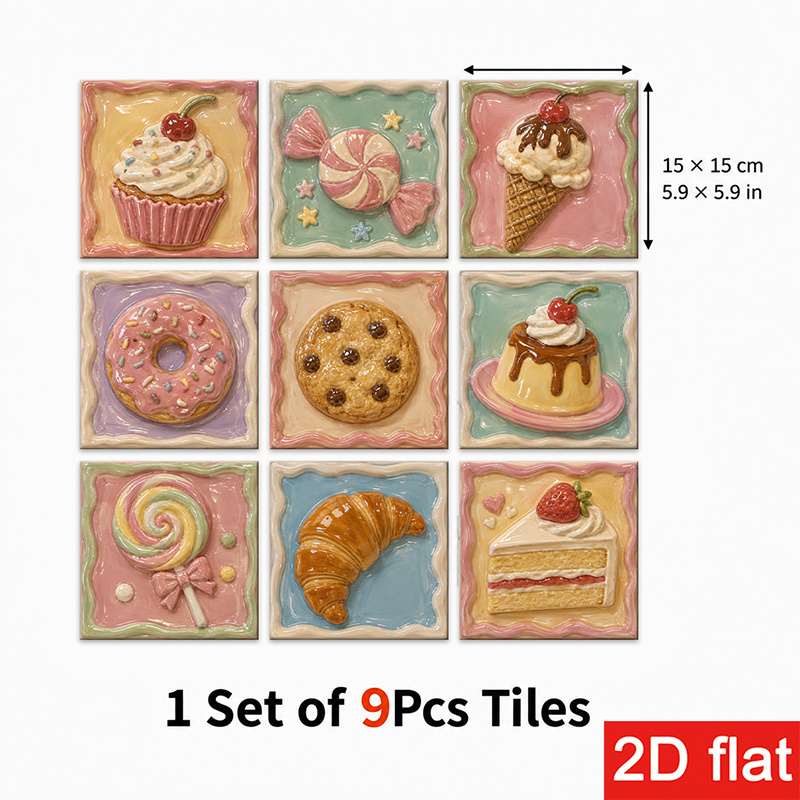 TEMU 2d Flat 9pcs 15x15cm (5.9x5.9in) Slate Tile Stickers Premium: Peel And Stick Wall Tiles With Sweet Dessert Pattern Featuring Cupcakes, Donuts,