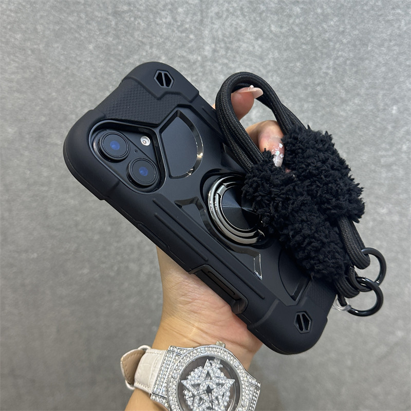TEMU Phone Case - Trendy Brand 3-in-1 Jelly Double Ring Bracket With Hand Strap Thickened Protective Case Suitable For Iphone17e 17 16 15 14 13 12