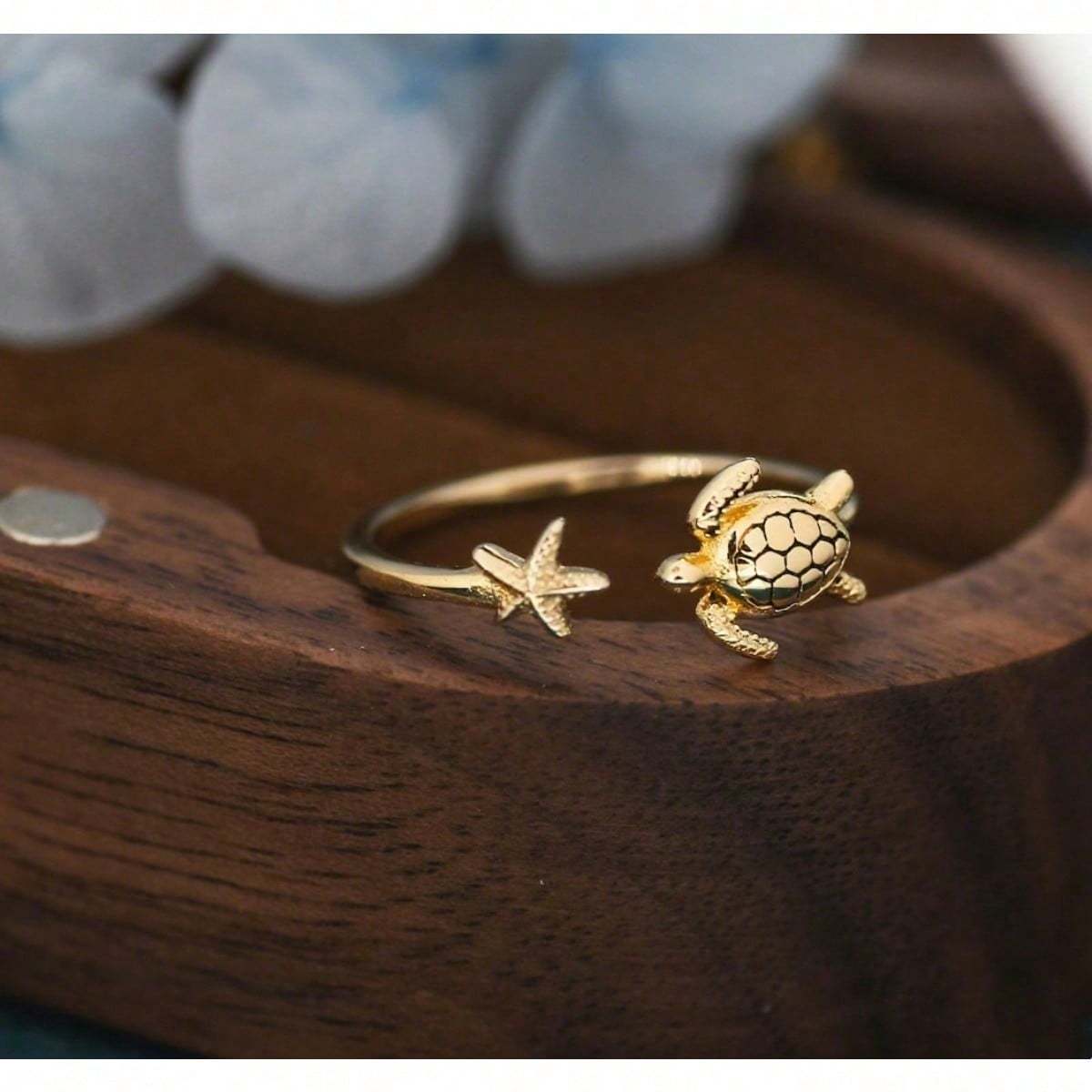 E-shop 1 modischer Ring mit Schildkröte und Seestern, Open-End-Design, ideal für Sommer-Strandurlaube. für Freizeitoutfits und Urlaubsaccessoires,