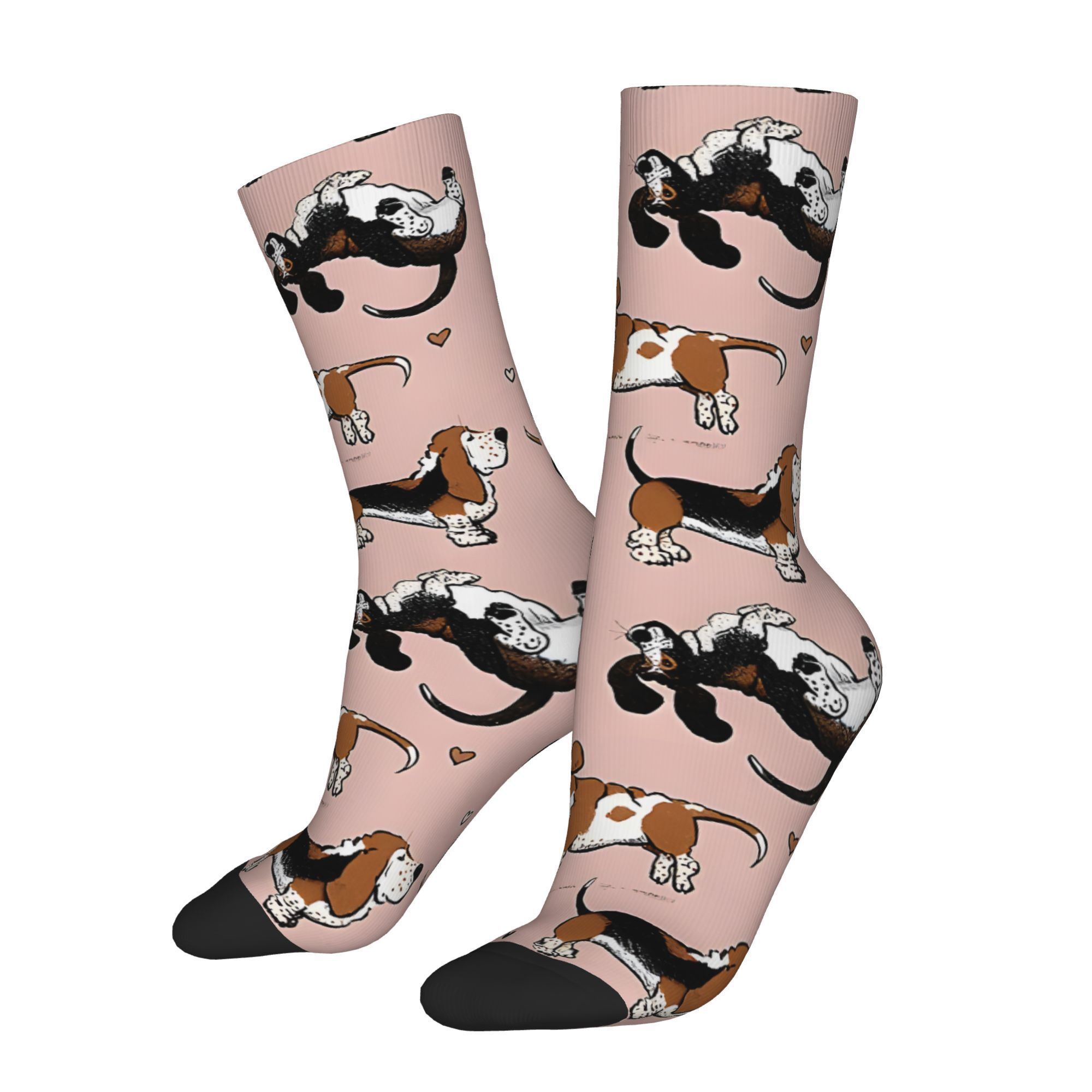 

1 Pair Basset Hound Socks, Funny Novelty Hip Hop Pattern, Knit Polyester 95% Elastane 5%, Vintage Style, Hand Washable - Pink