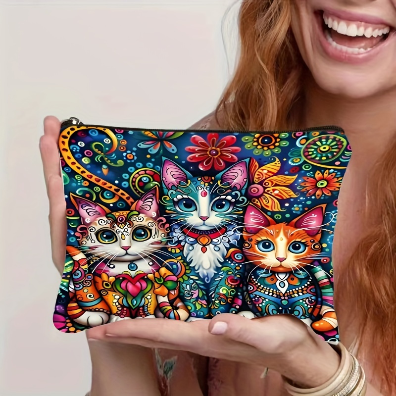 

Bohemian Cat Pattern Cosmetic Bag, Lightweight Multifunctional Travel Makeup Pouch, Unscented With Secure Zipper For Women