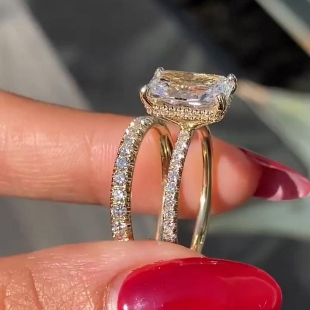 TEMU 2pcs Fashionable Square-cut Cz Engagement Ring Set For Women, Stackable Bridal Wedding Rings, Ladies' Wedding Proposal Jewelry, Promise Ring,