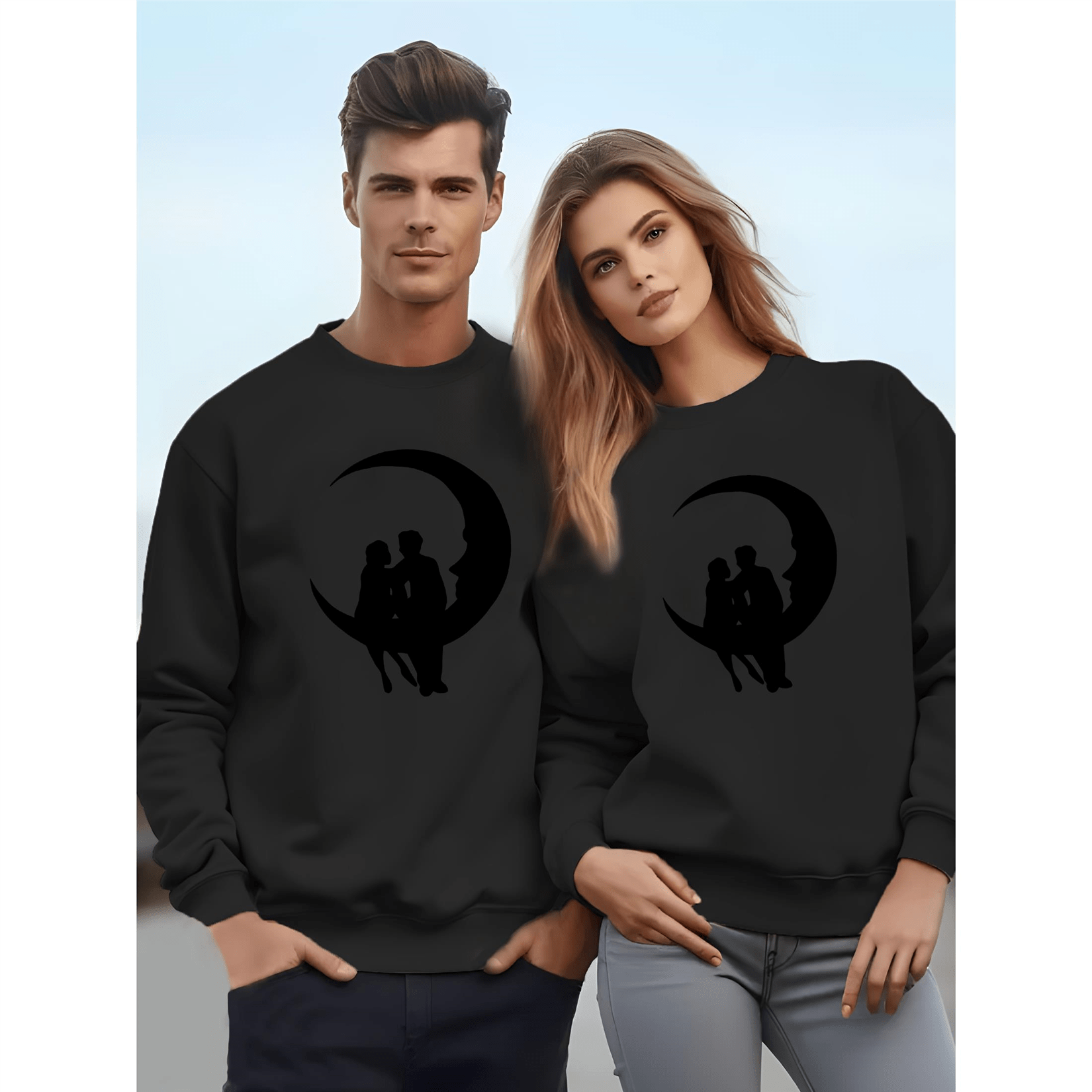 

Love Sweatshirts - Minimalist Black Long Sleeve Pullovers With Couple Silhouette Design, Round Neck, Or Valentine's Day Gift