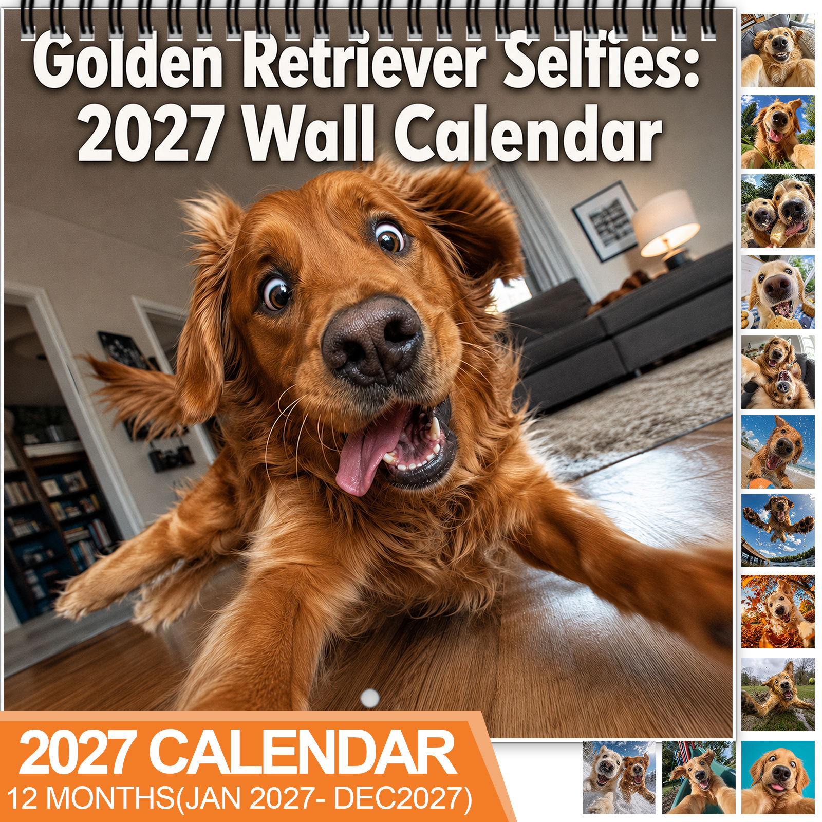 TEMU 1pc 2027 Golden Retriever Selfies Wall Calendar, Spiral-bound 12-month Calendar With Large Date Blocks, Features Silly Golden Retrievers Taking