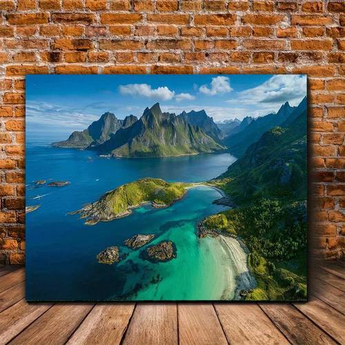 Artikelbild 2d flach, . norwegen wandbild – luftaufnahme der norwegischen küste gemälde, massivholzgerahmtes retro-skandinavisches dekor für wohnzimmer, büro, café, skandinavisches geschenk zur dekoration, frühling/herbst