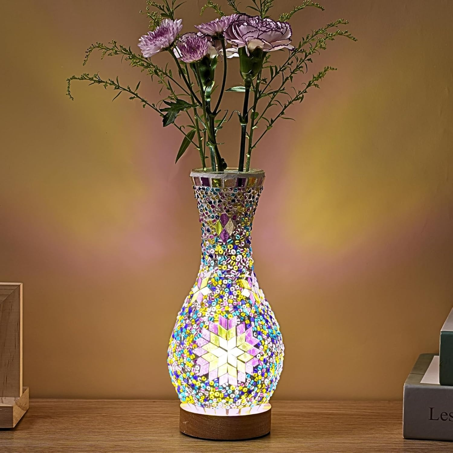 TEMU Mosaic Vase Lamp, Turkish Moroccan Table Lamp, Colorful Handmade Glass Vase, Wooden Base, Inserted With Flowers, Usb Plug-in Decorative Lamp,