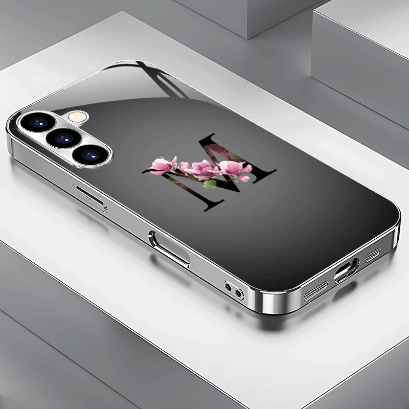 TEMU Phone Case: Minimalist Flower Letter M Pattern Electroplated Silver Phone Case For Galaxy S25/s24/s23/s22/s21/s20/note