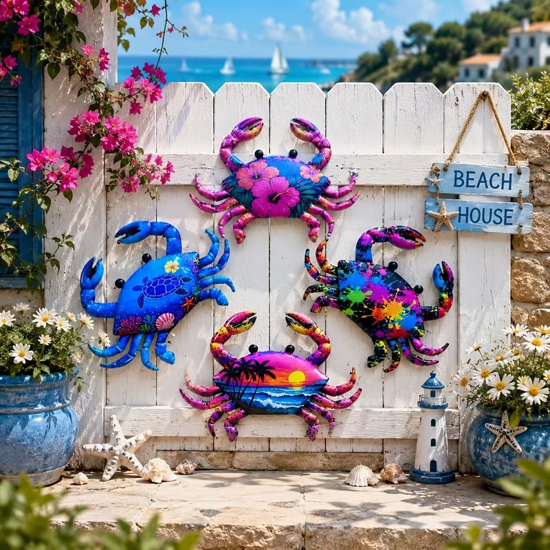 TEMU 2d Flat, [2d Flat] 4pcs Set 2d Flat Colorful Crab Wall Decor - Features Vibrant Crabs, Suitable For Outdoor/indoor Decoration, Ideal For