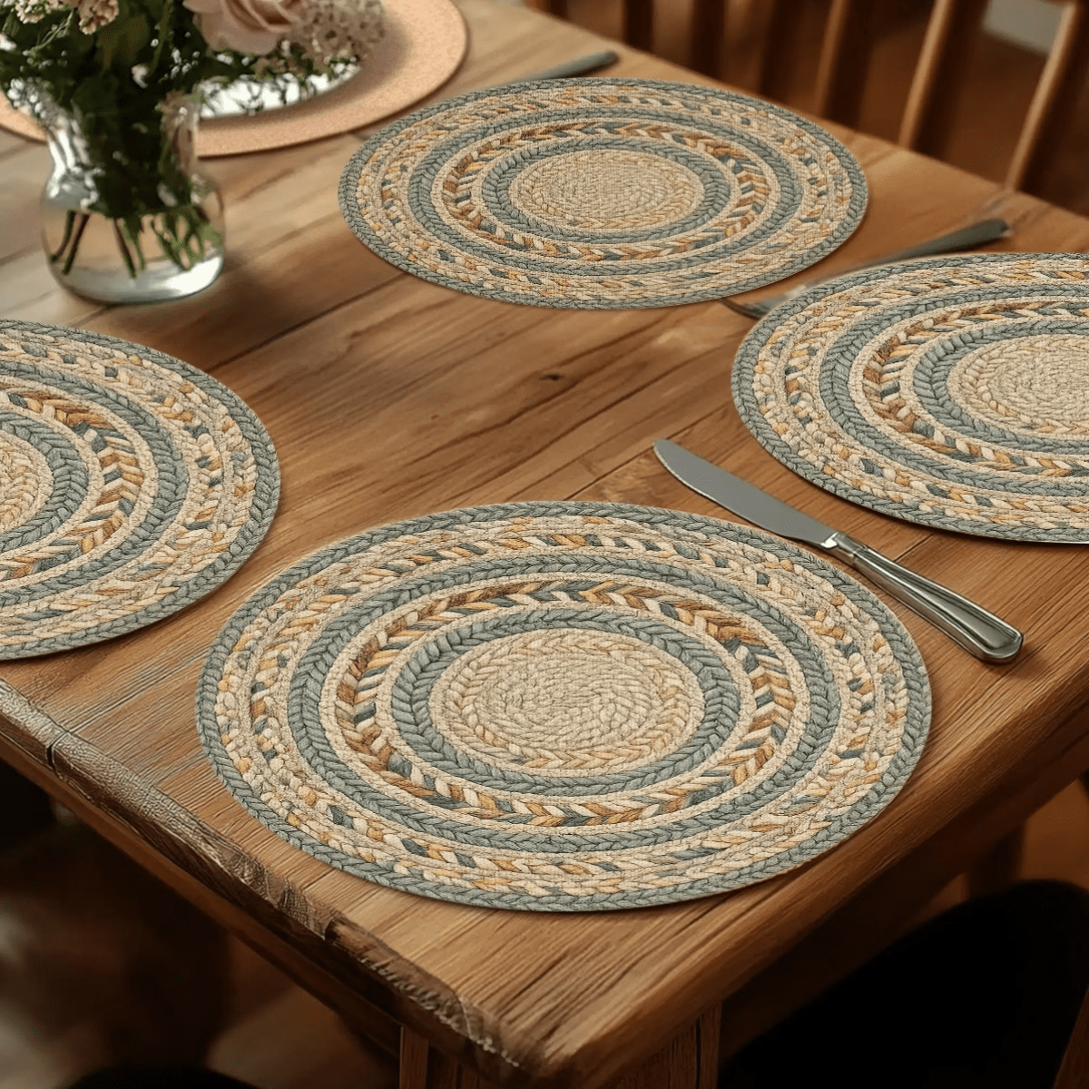 TEMU 4pcs, 2d Flat Printing, Vintage Blue And Yellow Pattern Round Placemats, Pastoral Style Multi-circle Ring Contrast Color Printed Placemats, Home