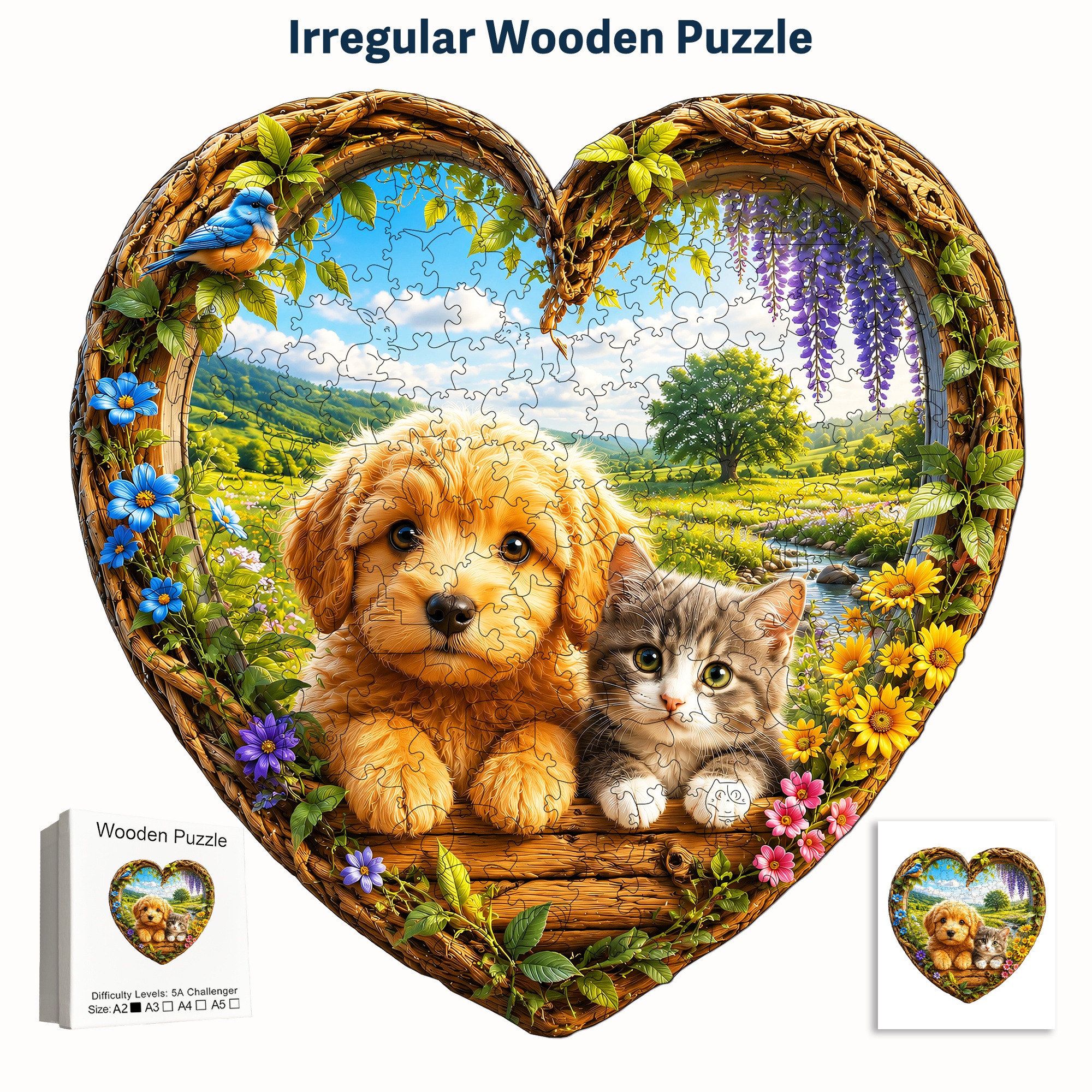 Puppy and Kitten Garden Scene Flat Wooden Puzzle for Kids