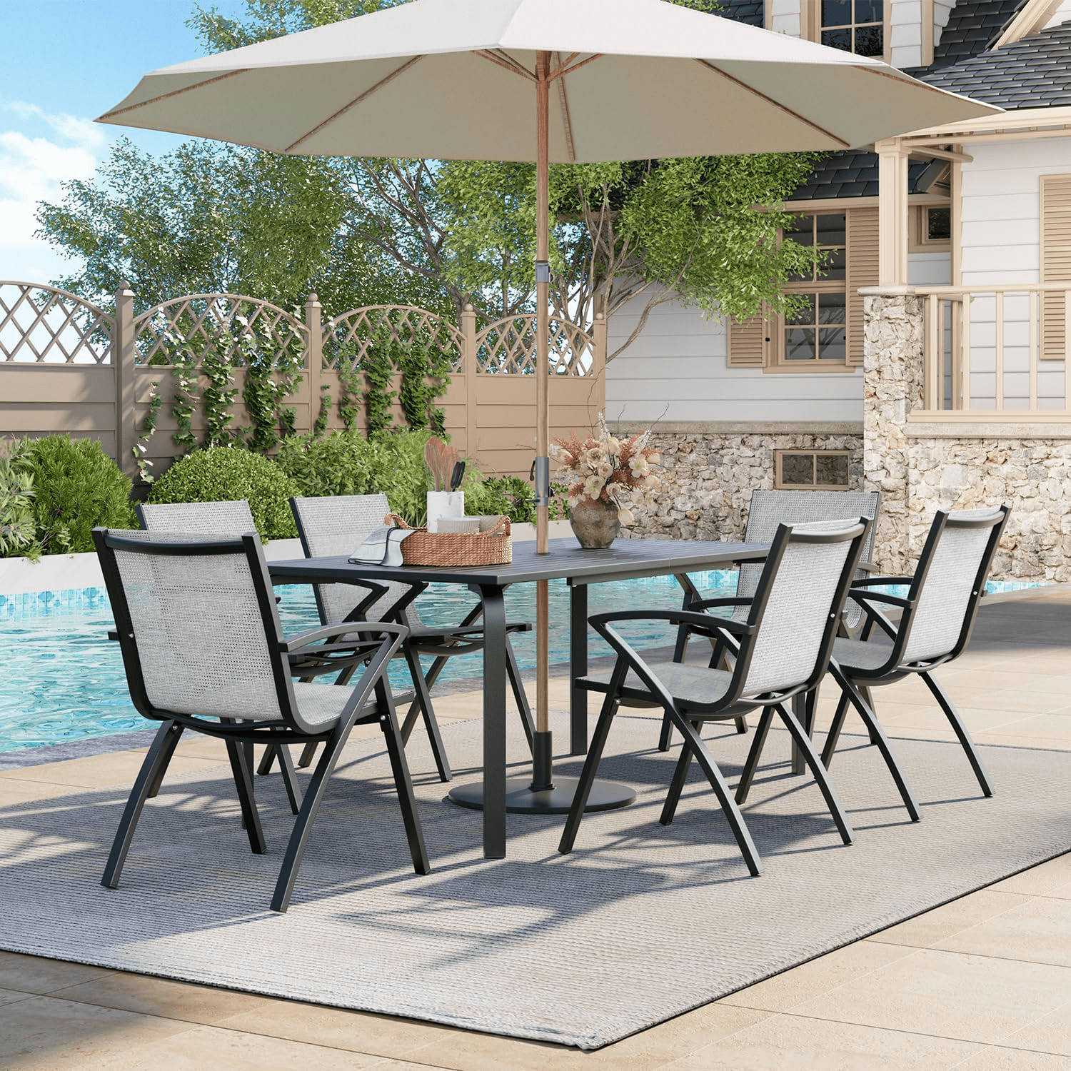 71-Inch Rectangular Aluminum Outdoor Dining Table Designed for Patios, Featuring an Umbrella Hole, Resistant to Weather And Rust, Accommodating 6 to 8 Individuals for Backyard And Deck Use