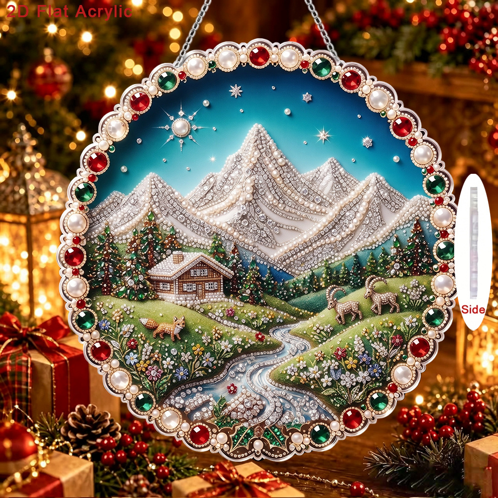 TEMU Kit de pendentif à perles acryliques ondulées rondes 2D plat - Impression 2D/plat, nouveau motif Montagne de neige Cabane Forêt , comprend outil