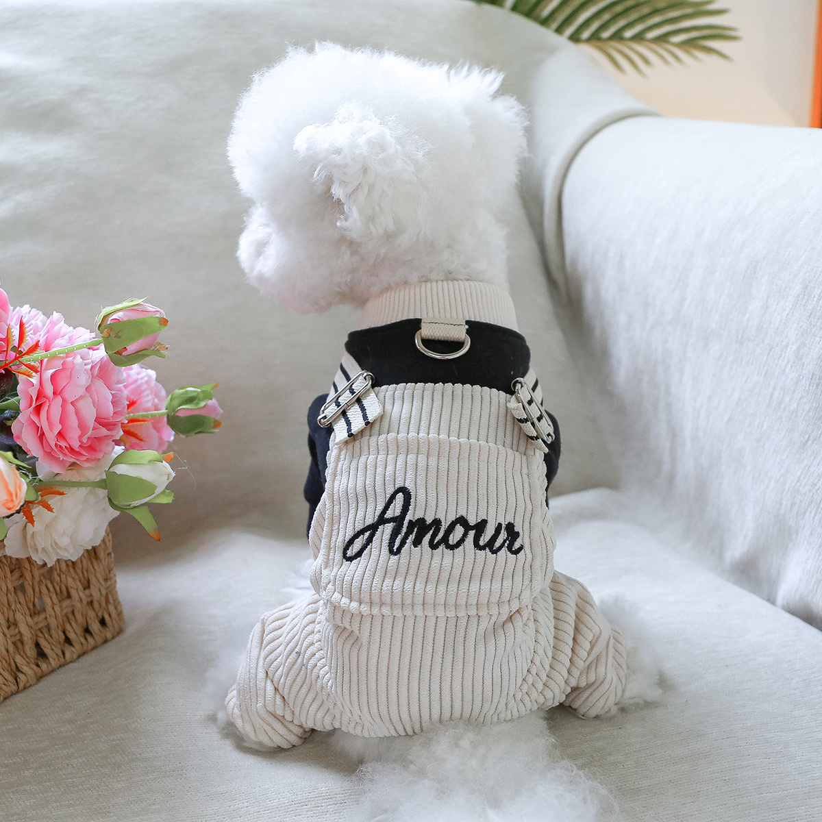 

1pc Cute White & Black Striped Dog Jumpsuit With "" Embroidery - Cozy Knit Overalls For Small Breeds, , And Pomeranians - Spring, Fall, And Winter - Hand Wash Only, Dog Clothes