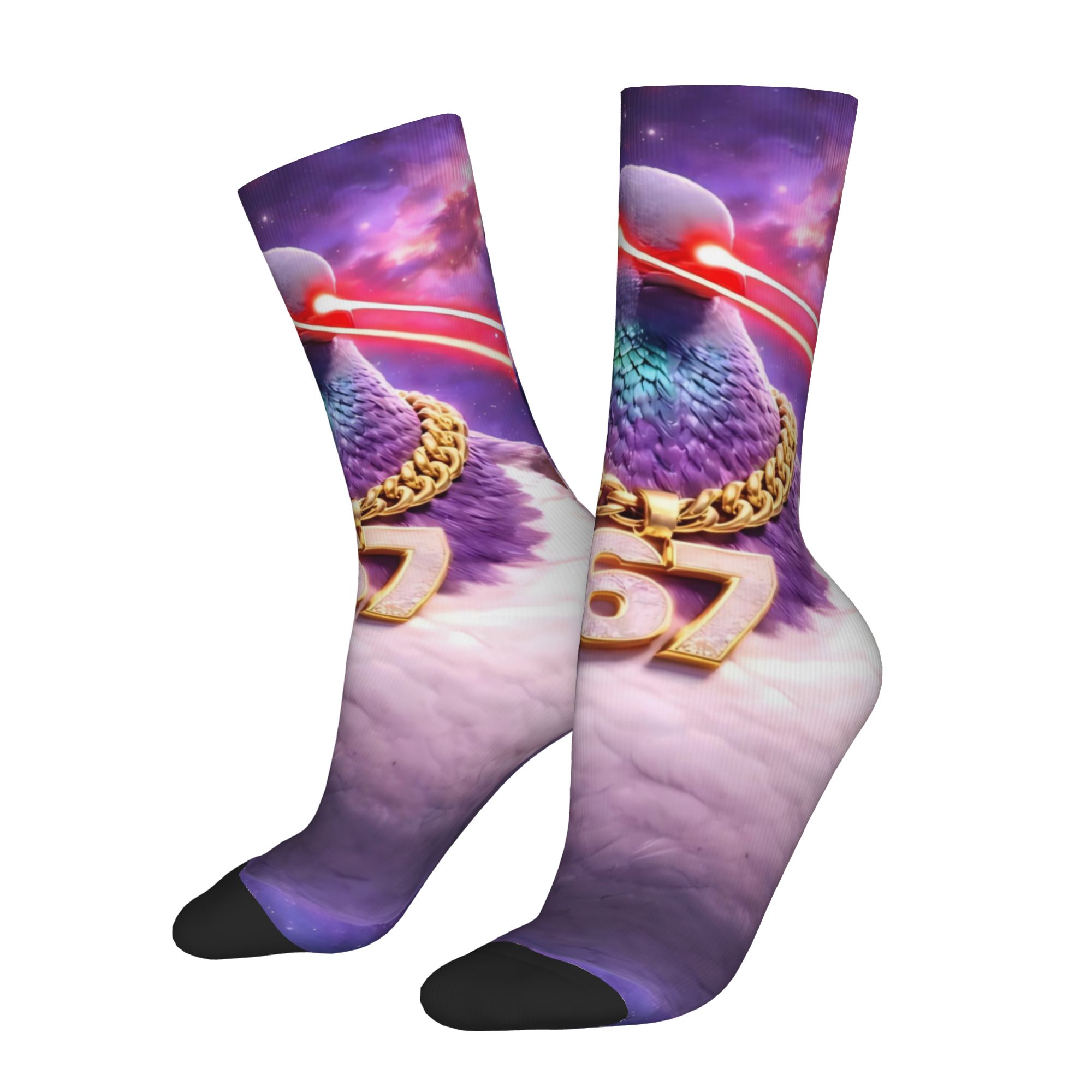 TEMU 1 Pair Hip Hop Vintage Space Laser Pigeon "67" Crazy Men's Compression Socks Unisex Street Style Seamless Printed Funny Novelty