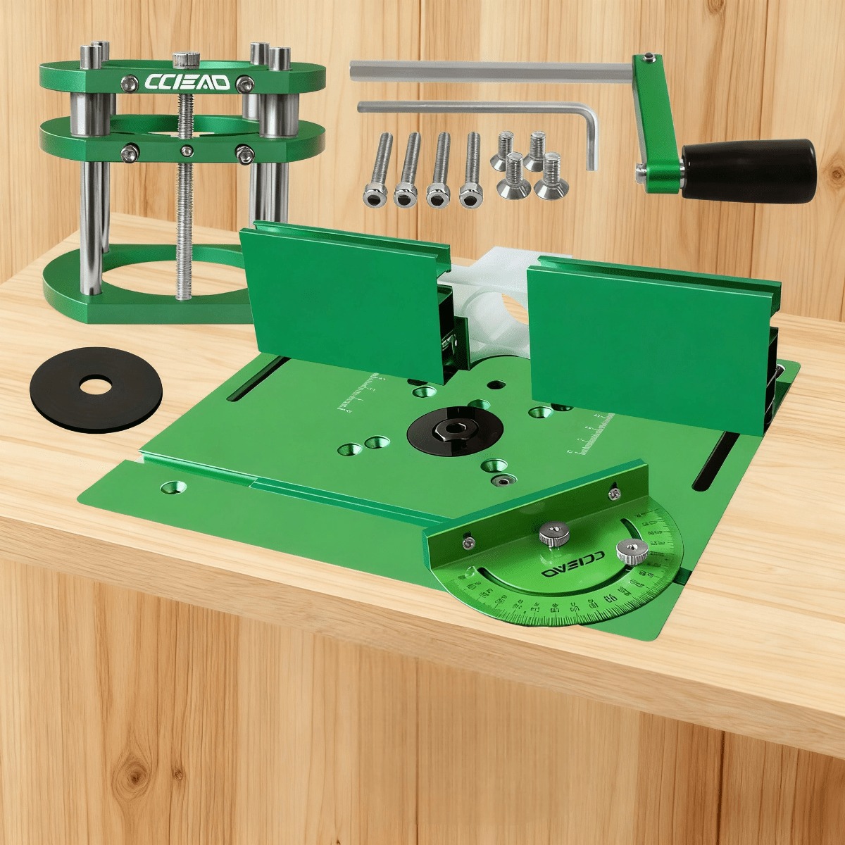 E-shop 65mm Holzbearbeitung Flip Plate und Router Lift Kit - Frästisch aus Aluminiumlegierung mit Gehrungsmesser und Schutzblech für Werkbank Trimmer
