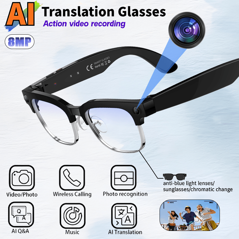 TEMU New Arrival | Smart Camera Glasses: 8mp Ultra-wide-angle Camera, Hd Recording, Wireless Calls & Music, Real-time Multi-language Translation,
