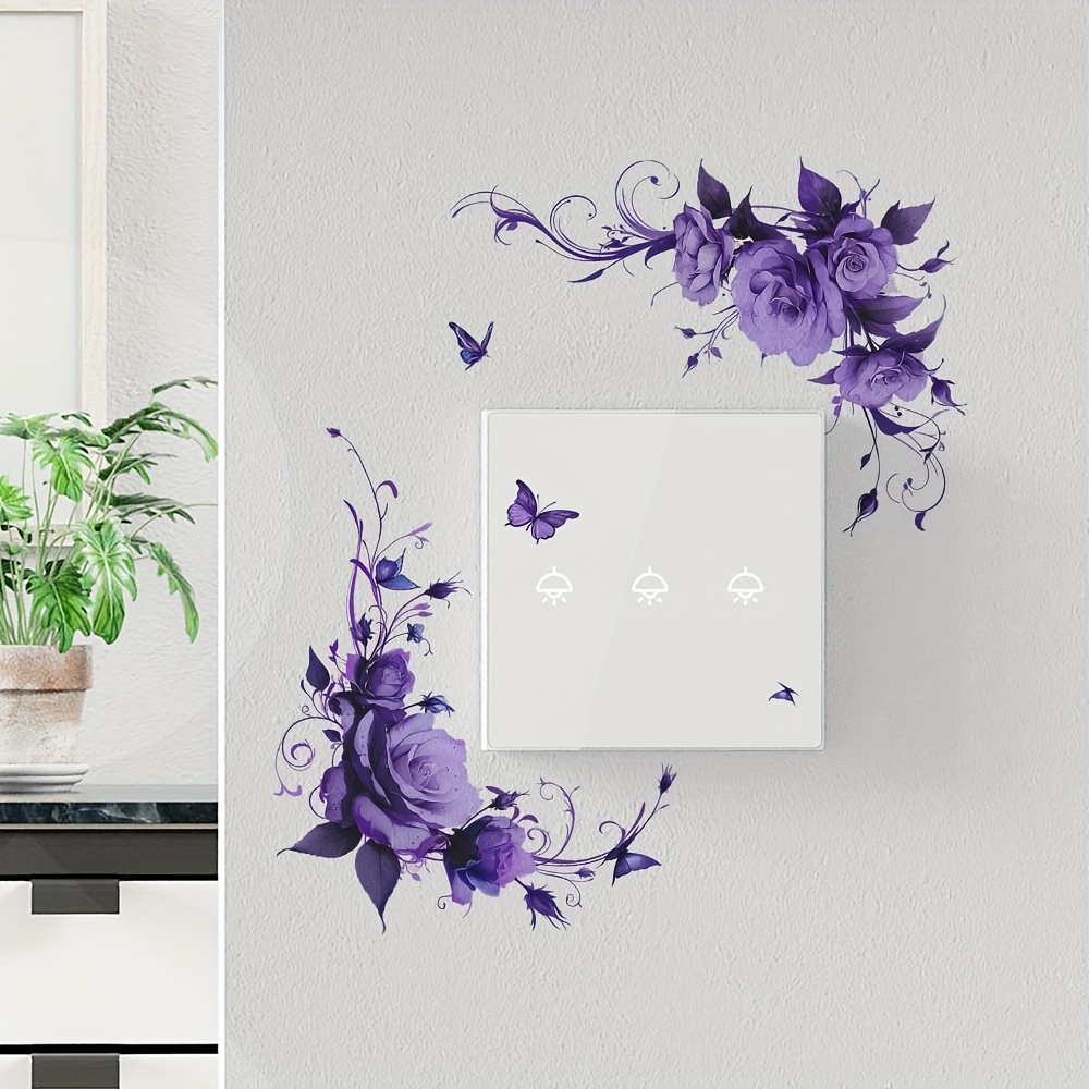 1pc Purple Flower And Wall Decor Switch Sticker, Air Conditioner Switch Panel Decorative Wall Decal, Vinyl Self-adhesive Removable Sticker, Suitable For Home Decor, Wall Switch Border Decoration