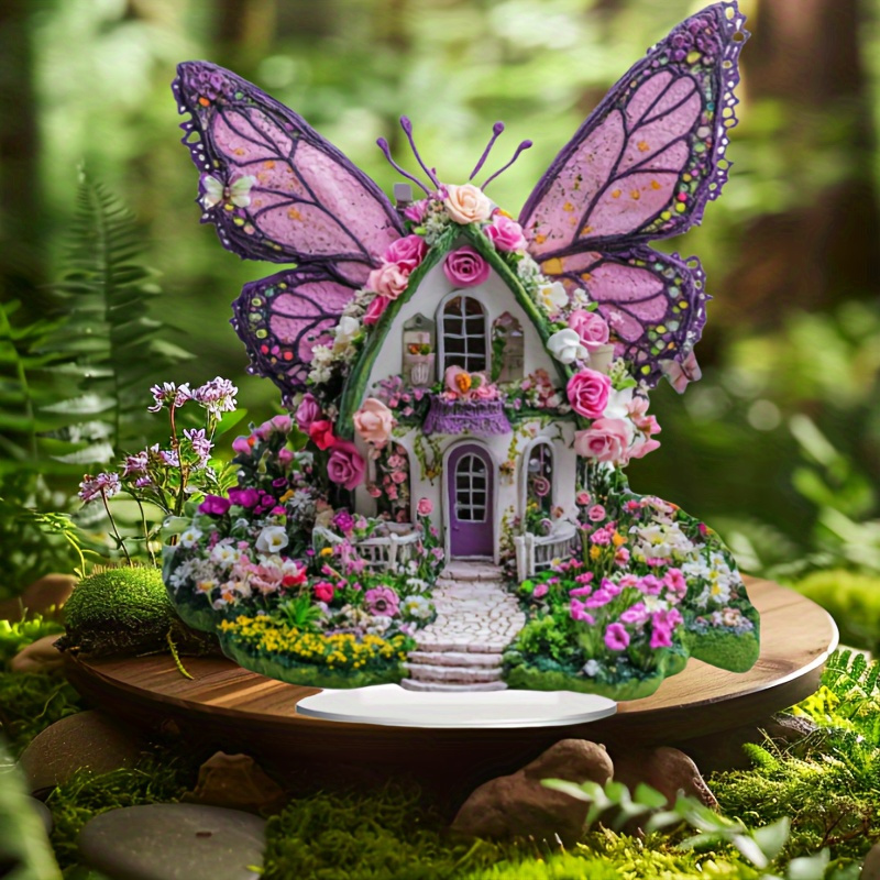 

2d Flat, [ ] Bohemian Acrylic Fairy House With Wings - Multi-functional Desktop Art On Wooden Base, Vibrant , Ideal For & Bedroom Decor, Gift, Room Decor