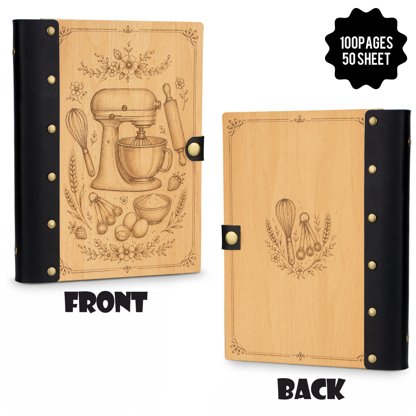 TEMU 1pc Carnet de recettes vintage en bois et cuir, coque rigide plate 2D, rivets en métal, feuilles mobiles rechargeables, papier ligné pour , pour