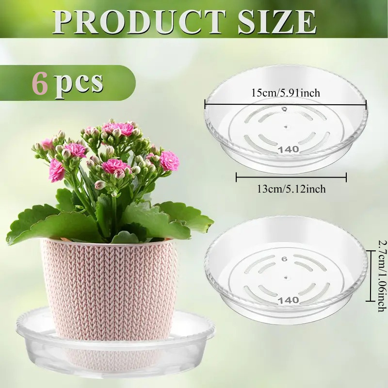 Image of 6pcs Plant Saucers Set (4 Sizes:6/ 8/ 10/ 12 Inch) - Clear Plastic Plant Trays With Design, Drip For Indoor/ Outdoor Pots, Succulents, Flowers, Air Circulation Base For