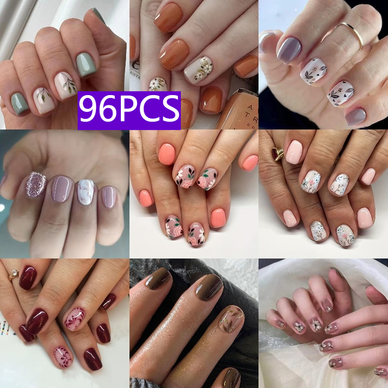 TEMU 96pcs Appliques à Ongles Carrées Florales Européennes, Quatre Sélectionnés Aléatoirement, Faux Ongles Amovibles Tendance de Longueur Moyenne,