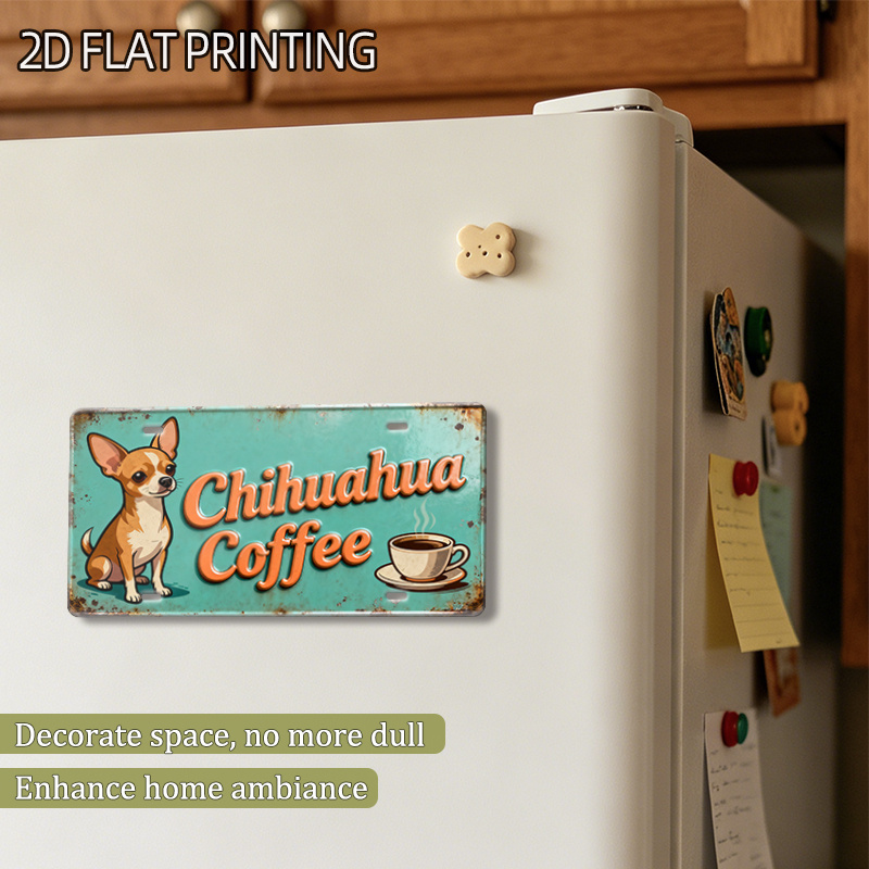 1 pz magnete da frigorifero a tema cane   chihuahua coffee, 3.94x1.97, decorazione in metallo     illustrazione   retro corrosa e aggrinzita, decorazione   per   e la casa, regalo da ricordo da  , stampa piatta 2d