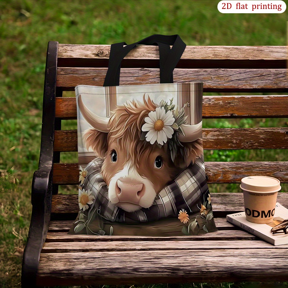 TEMU A Highland Cow And Daisy Crown Tote Bag - Featuring A Scottish Cow Print Combined With Checks And Daisies, Made From Durable Fabric, With Double