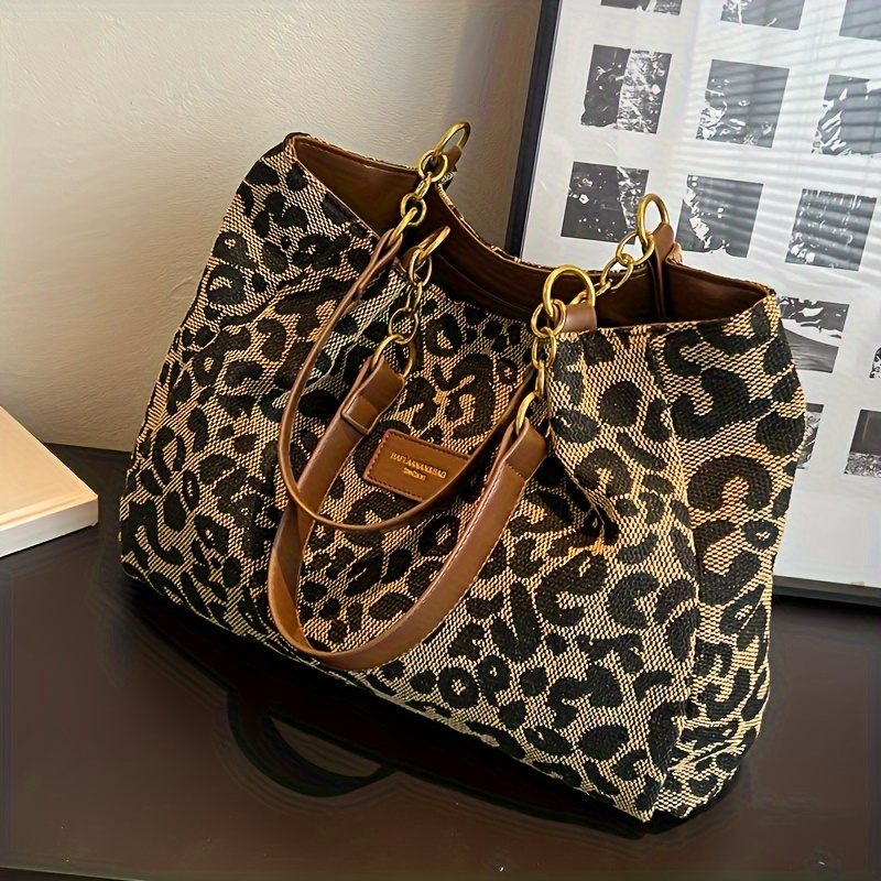 TEMU Leopard Pattern Canvas Tote For Women - Stylish Shoulder Bag With Dual Handles, Use And Trendy