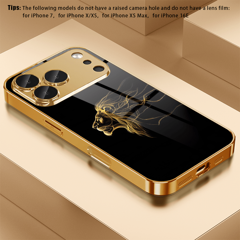 TEMU Phone Case - 1pc Lion Side Face Mane Pattern Electroplated Golden Hd Glass Phone Case For Iphone